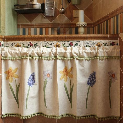 Rideau de Cuisine Court pour Petit Fenêtre Motif Jonquilles en Lin avec Pompon Rustique Maison de Campagne Rideau Brise bise Rideaux à Disques Panneaux de Rideaux Cantonnières Demi Rideau (1/5)