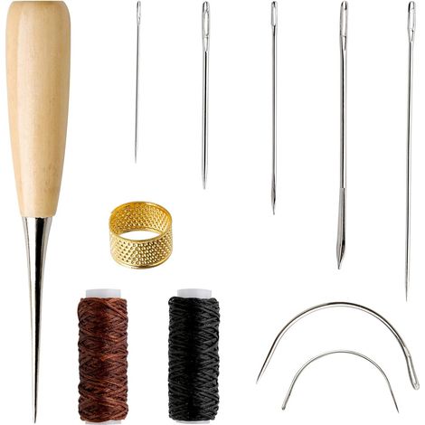 Kit de Réparation de Cuir 11 Pièces: Aiguilles à Coudre, Cône Perforé, Fil Ciré Noir et Marron, Anneaux de Dé Coudre - Boîte de Métal, Fil Ciré - Outil de Travail du Cuir (1/5)