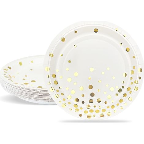 24 Assiettes en carton, 18cm Diamètre, Blanc Paillettes dorées, Pour mariage Anniversaire Baptême (1/5)