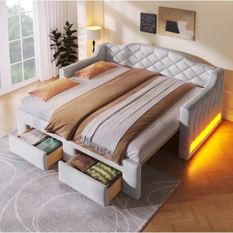 Letto da giorno imbottito grigio 90x200 cm estensibile a 180x200 cm con 2 cassetti, LED laterali e testiera