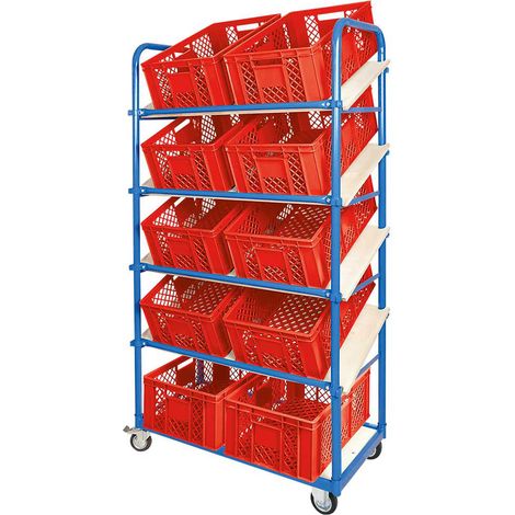 BRB Schrägboden-Regalwagen mit 5 Ebenen, bestückt mit 10 Euroboxen durchbrochen 600x400x240 mm rot