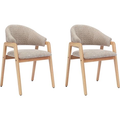 Lot de 2 chaises avec accoudoirs en tissu bouclette et bois d'hévéa - Taupe et naturel - SOLUNA (1/5)