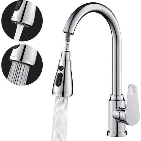Robinet Cuisine avec Douchette Extractible, Mitigeur Cuisine Chrome Poli Bec Pivotant à 360°, Robinet Arc Élevé Haute Pression Flexible Modes Pulvérisation 2, Mélangeur Evier Eau Chaude Froide Unique (1/5)