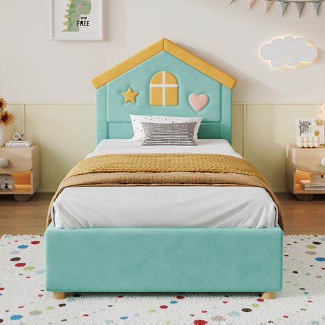 Lit enfant 90x200 cm maison avec 4 tiroirs de rangement, tête de lit rembourrée, velours doux - Bleu vert (1/5)