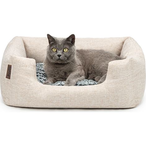 lionto Katzenbett, stilvolles Kuschelkörbchen mit tiefem Einstieg, Wendekissen & rutschfestem Boden, 60x50 cm, beige (1/5)