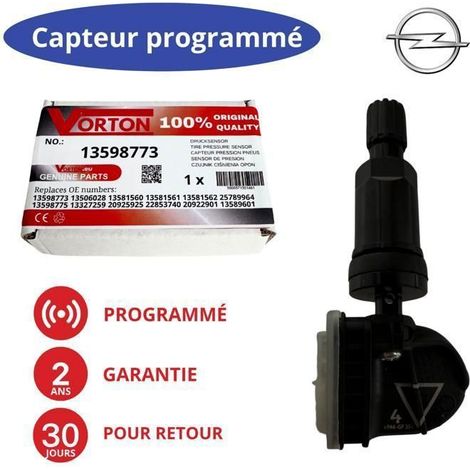 Sensore di pressione pneumatici TPMS 433 MHz preprogrammato per OPEL / CHEVROLET – sostituisce il rif. 13598773