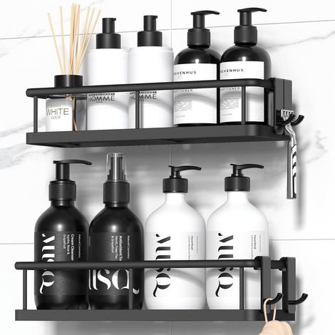 Estante de ducha autoadhesivo, sin necesidad de taladrar, organizador de ducha con ganchos extraíbles, estante de ducha de acero inoxidable para montaje en pared, negro, juego de 2