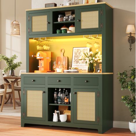 Módulos altos de cocina con puertas de ratán, cajones e iluminación LED USB, verde antiguo, 120x40x180 cm (1/5)