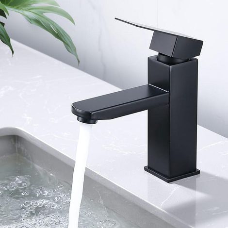 Mitigeur lavabo noir en laiton avec tuyaux chauds et froids pour salle bain (1/4)