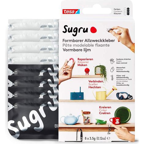 tesa Sugru Colla Multiuso Modellabile, Pasta adesiva versatile, per Decorare, Incollare, Riparare e per Creazioni Fai da Te, Confezione da 8 x 3.5 g, Nero/Bianco (1/4)
