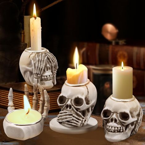 Juego de velas con forma de calavera - Calavera de Halloween - Perchas de resina - Día del Esqueleto Fantasma - Decoración de escritorio para la entrada - Perchas decorativas (1/5)