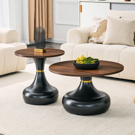 Table basse gigogne ronde 2 pièces effet noyer métal OKMYHOME (1/5)