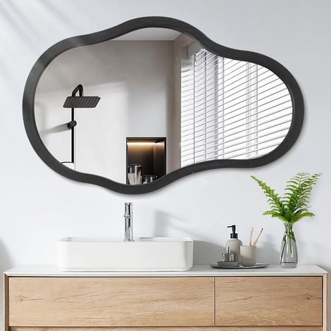 miroir asymétrique pour décoration murale - Grand miroir mural moderne avec cadre en bois - Motif vague unique - Décoratif pour salon, chambre à coucher, salle de bain (1/5)
