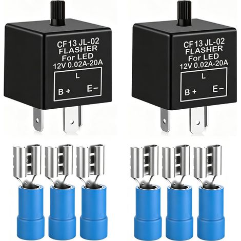 2pièces 12V 3Broches Relais Clignotant Réglable pour Les Clignotants de LED CF-13KT, Voiture Moto Relais électronique de Clignotant 0.1W-150W, Livré avec Les 6pcs Terminaux (1/5)