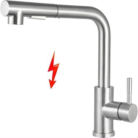Low Pressure Extendable Kitchen Faucet, 360° Swivel Low Pressure Kitchen Tap, 2-jet Low Pressure Kitchen Tap, Brushed Stainless Steel (1/4)