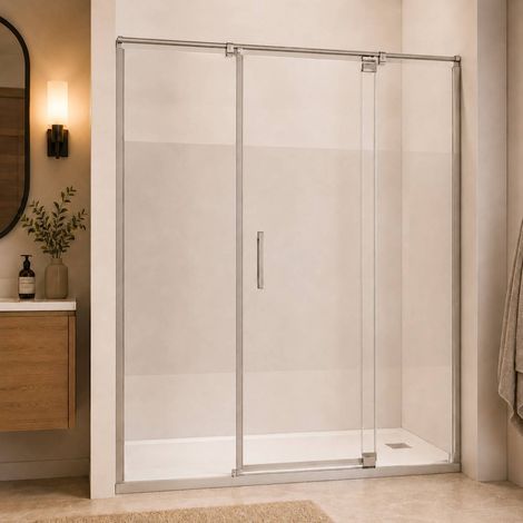 Paroi de douche Fixe + Porte Pivotante Ajustable - 150 à 160 cm - Poignée à Gauche - Sablée (1/5)
