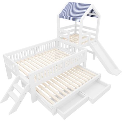 Letto a casetta per bambini bianco 90 x 200 con letto estraibile, scivolo e cassetti (1/5)