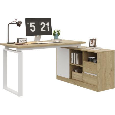Bureau d'ordinateur style scandinave couleur chêne avec caisson de rangement à tiroirs et niches ouvertes dimensions 130×40×70cm pied métallique blanc pour bureau domestique et chambre d'étude (1/5)