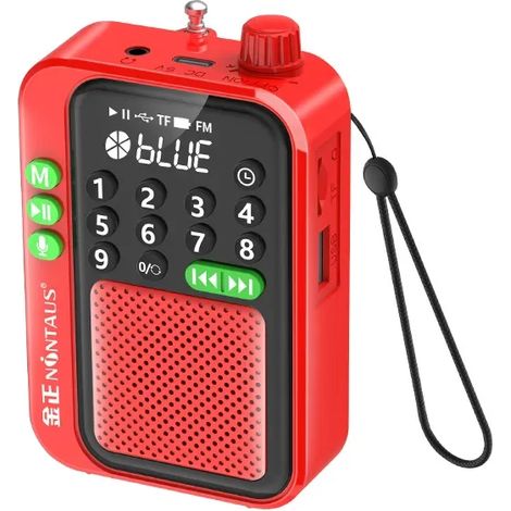 (Rouge) Mini radio FM avec une excellente réception, haut-parleur Bluetooth, enregistrement HD, prend en charge les cartes TF et les clés USB, et une minuterie pour l'arrêt automatique. (1/5)