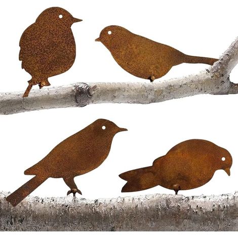 Bouchon de jardin décoratif en métal – Lot de 4 oiseaux en fer forgé avec patine effet rouille – Dimensions variées pour embellir espaces extérieurs (1/5)