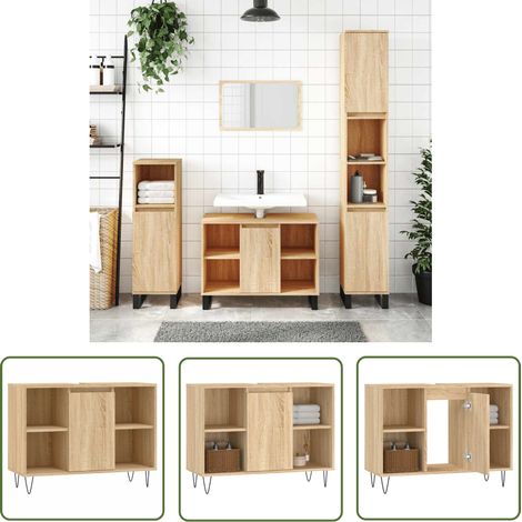 The Living Store Armoire salle de bain chêne sonoma 80x33x60cm bois d'ingénierie - Meuble De Salle De Bain - Armoire De Salle De Bain - Rangement Salle De Bain - Commode Salle De Bain - Design Industr (1/5)