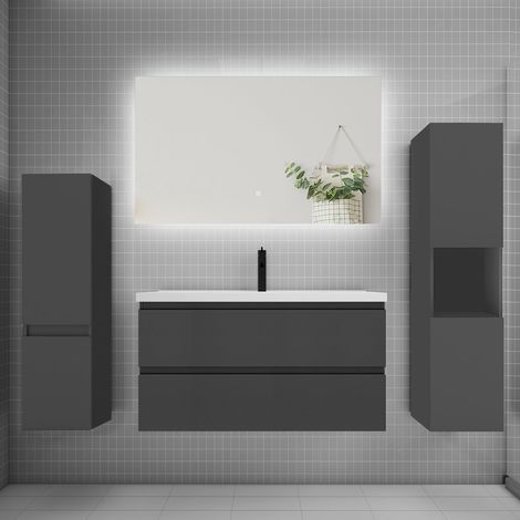 Ensemble meuble anthracite et lavabo L.100cm 2 tiroirs + colonne2 haut + lavabo + miroir 80x60cm-suspendu (1/5)