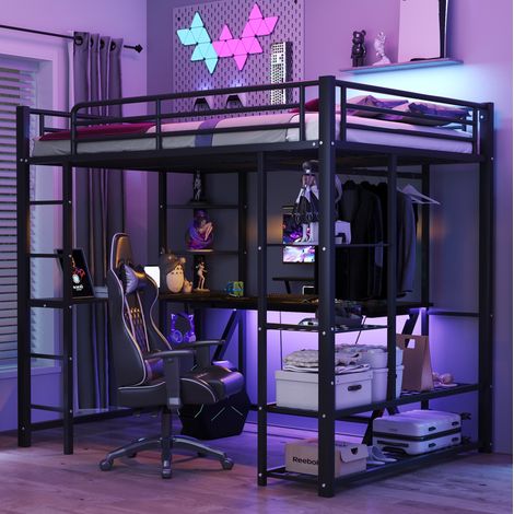 Cama alta matrimonio 140x200 con escritorio y armario metal OKMYHOME (1/5)