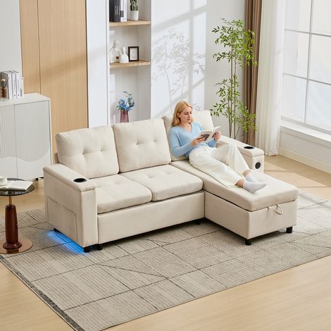 REDOM Canapé 3 places convertible 208x146x89.5 cm, pliable avec rangement caché, bande LED, ports USB et Type C, tissu beige