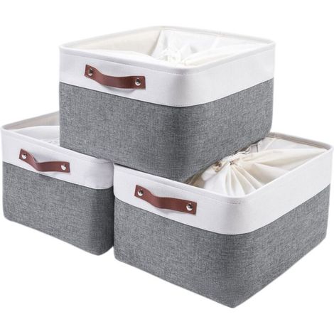 Panier de Rangement en Tissu - Lot de 3 - Coton et Métal - Avec Cordon - Pour Placard et Étagère - 50x40x30 cm (1/5)
