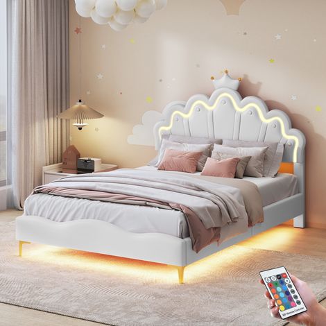 Letto Matrimoniale 140x200 cm, 2 Posti, con LED, Testata a Forma di Corona, Telecomando, Rete a Doghe in Legno, Letto Matrimoniale Trapuntato in Similpelle - Bianco
