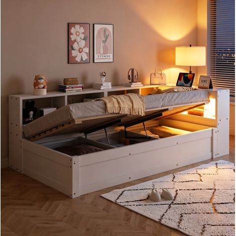 Lit adulte 90x200 cm avec rangement et LED, blanc, structure en bois, sans matelas FloraGrace (1/5)
