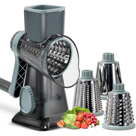 Râpe à Fromage rotative avec 3 Lames interchangeables et Base à antidérapante, râpe à Fromage trancheuse à légumes Manuelle pour Fromage, concombres, Carottes et Plus Encore Black (1/5)
