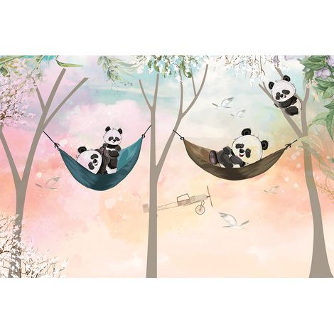 Papier peint panoramique Enfants - Pandas Hamacs - 130 cm x 87 cm (1/2)