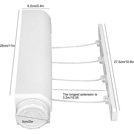 Étendoir à linge compact et rétractable pour une utilisation intérieure et extérieure - Séchoir mural en plastique à 4 fils (1/5)