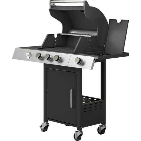 Barbecue à gaz 10,5 kW, 3+1 brûleurs, chariot acier inoxydable, brûleur latéral, ouvre-bouteille, thermomètre, grille fonte (1/5)