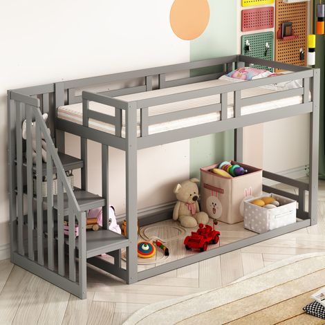 Letto a castello per bambini in legno massello grigio 90x200 cm con scala contenitore e reti incluse (1/5)