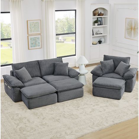 Canapé 2 places en tissu gris clair, Bodensofa modulaire sans montage avec repose-pieds mobile (1/5)