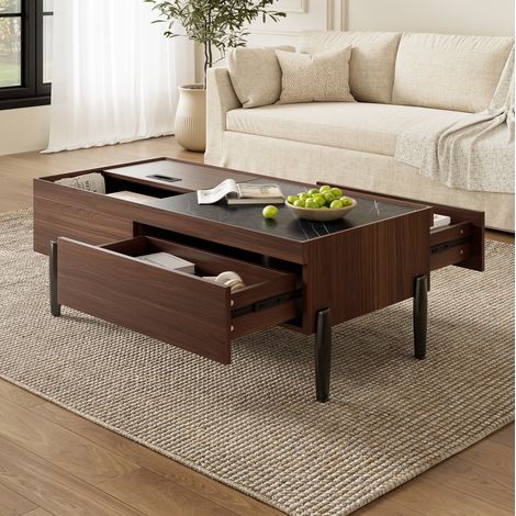 Couchtisch 105x50x41.5 cm braun/dunkelgrau aus MDF und Glas mit Schubladen, Schiebeabdeckung und Stauraum (1/5)