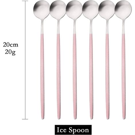 Cuillères à long manche mates (rose argenté, lot de 6) pour remuer les boissons, couverts en acier inoxydable