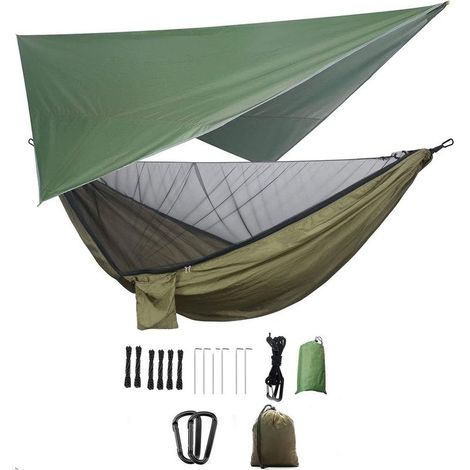 Hamac de Camping Double avec Moustiquaire et Bâche de Pluie en Tissu Parachute Haute Résistance pour Extérieur Randonnée et Voyage