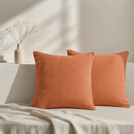 Lot de 2 Taies d’Oreiller 60 x 60 cm – Gaze de Coton Brodée – GAÏA BOHO Abricot (1/4)