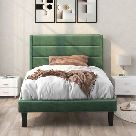Letto imbottitoetto in tessuto velluto con giroletto e testiera, 90x200cm, verde scuro (1/5)