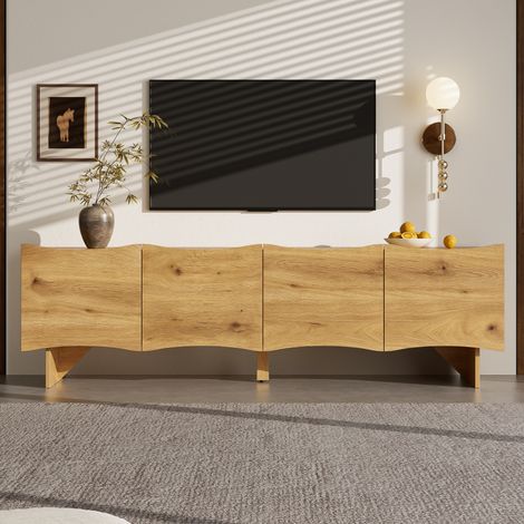TV-Schrank aus Spanplatte in Natur, 155 x 36 x 47 cm, 4 Türen, Wellenfront, viel Stauraum, Kabelmanagement (1/5)