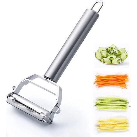 Pelador, cortador de juliana, rebanador, rallador y raspador doble de acero inoxidable para frutas, papas, zanahorias y pepinos.
