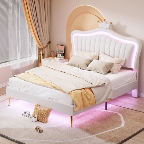 Lit enfant capitonné 140x200cm, cadre de lit pour filles, cadre de lit double blanc en cuir PU avec lumières LED, sommier à lattes et tête de lit (matelas non inclus), garantie 2 ans