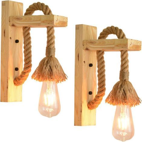 AMXCNOY Applique murale industrielle en bois et corde de chanvre – Lot de 2 lampes E27 Edison incluses – Pour café, hôtel, restaurant (1/5)