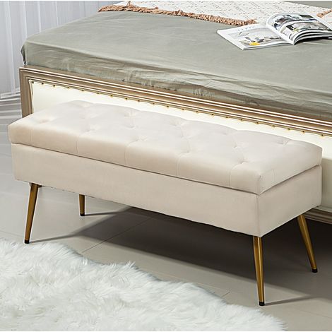 Banc coffre rembourré avec couvercle, effet velours, 102 x 35 x 43 cm, beige HAVRYA (1/5)
