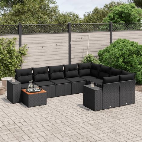 Ensemble Salon Jardin 10 Places Noir Résine Tressée avec Coussins et Table Acacia (1/5)