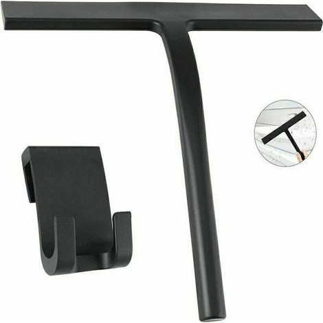 Grattoir de douche haut de gamme en acier inoxydable, fixation sans perçage, grattoir de douche en silicone pour le nettoyage des miroirs, fenêtres et vitres, noir. (1/5)
