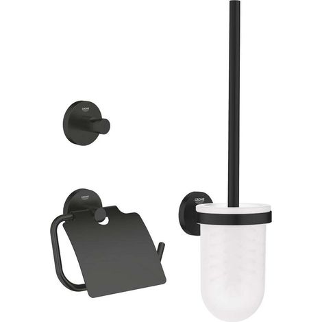 Grohe – Set d'accessoires de toilette 3 en 1 noir mat – Installation murale avec fixation cachée – Matériaux verre et métal – 412042430